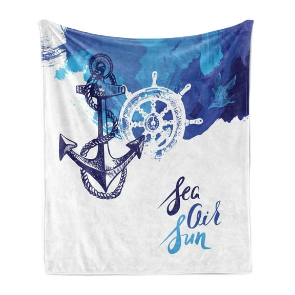 Nautical Soft Flannel Fleece Throw Blanket, Vivid Ocean Back with Paint Effects with Wind Rose and Rudder Cruise Image, Cozy Plush for Indoor and Outdoor Use, 50" x 60", Blue and White, by Ambesonne