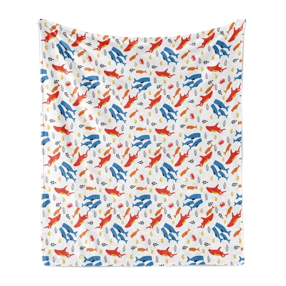 Nautical Soft Flannel Fleece Throw Blanket, Whale and Hammerhead Shark Marine Animals Ocean Life Illustration, Cozy Plush for Indoor and Outdoor Use, 50" x 60", Orange Earth Yellow Blue, by Ambesonne
