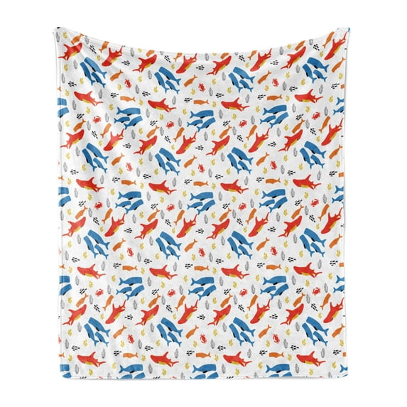 Nautical Soft Flannel Fleece Throw Blanket, Whale and Hammerhead Shark Marine Animals Ocean Life Illustration, Cozy Plush for Indoor and Outdoor Use, 50" x 70", Orange Earth Yellow Blue, by Ambesonne