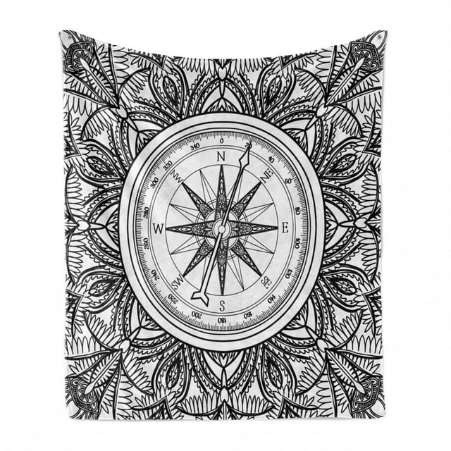Nautical Soft Flannel Fleece Throw Blanket, Wind Rose Surrounded by Ornate Floral Arrangement Pattern Destination Graphic, Cozy Plush for Indoor and Outdoor Use, 50" x 60", Black White, by Ambesonne