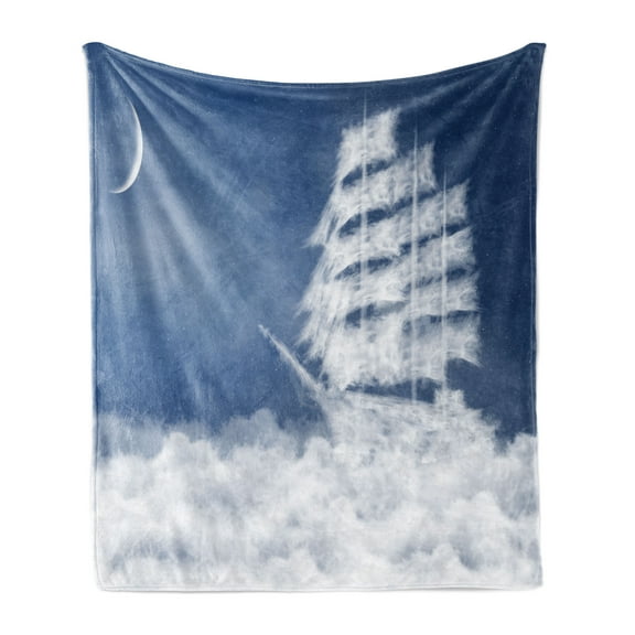 Nautical Soft Flannel Fleece Throw Blanket, Yacht in the Ocean Madend Shaped with Fluffy Cloudstmospheric Imaginary Sky, Cozy Plush for Indoor and Outdoor Use, 50" x 70", Blue White, by Ambesonne