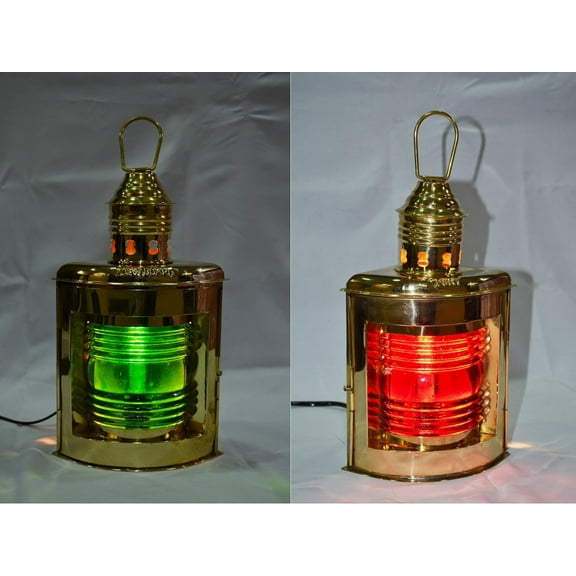 Nautical Solid Brass Port Electric Lantern Green/Red Color Set of 2 Home Decor