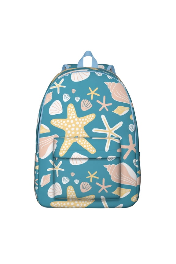 Nautical Spiral Seashell Backpack with Fish & Starfish Print, Lightweight Waterproof School Bookbag for Students, Travelers & Coastal Marine Lovers