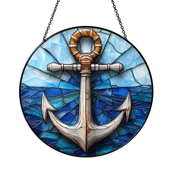 Nautical Stained Glass Style Suncatcher, Anchor and Ship Wheel Window Hanging for Coastal Home Decor