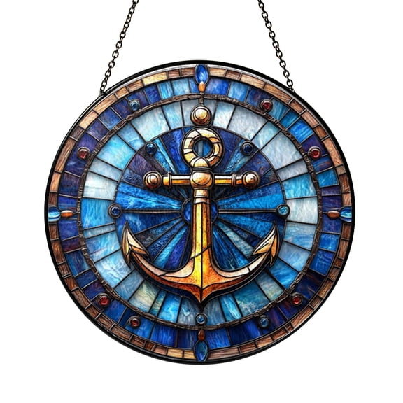 Nautical Stained Glass Suncatcher – Anchor and Ship Wheel Window Decor