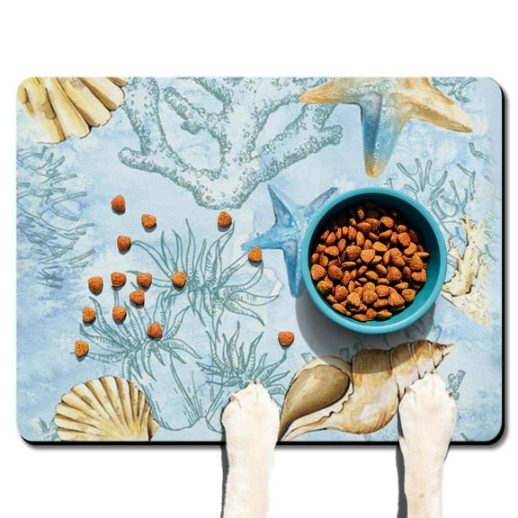 Nautical Starfish & Anchor Dog Bowl Mat - Non-Slip Pet Placemat for Tile & Wood Floors - Eco-Friendly & Easy to Clean