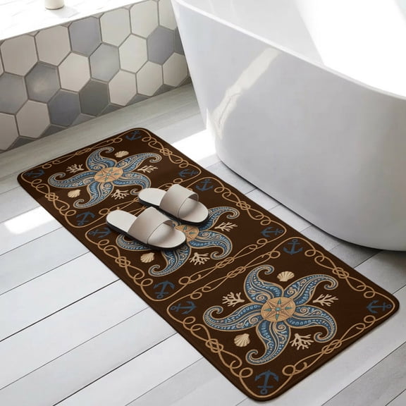 Nautical Starfish Bathroom Runner Rugs Non Slip Washable Absorbent Narrow Long Bath Mat Blue Line Abstract Art Coastal Runner Rugs for Kitchen Hallway Bedroom Laundry Study Room 15.7"x47.2"