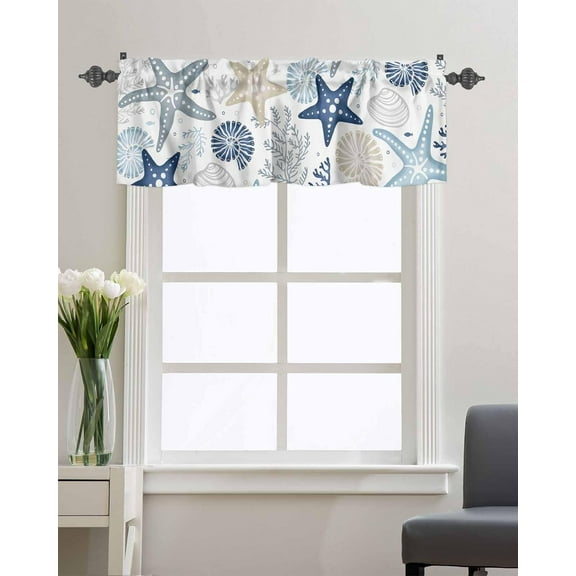 Nautical Starfish Kitchen Valance,Beach Coastal Window Valances Curtain Drapes,Summer Ocean Seashell Short Curtains Rod Pocket Valance Window Treatment for Bedroom Living Room Bathroom 54x18in