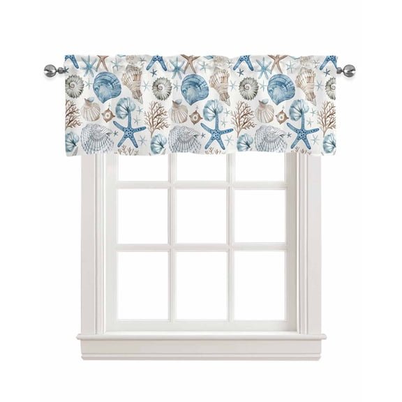 Nautical Starfish Linen Curtain Valance for Bedroom/Bathroom/Kitchen/Living/Dining Room Window,Coastal Ocean Starfish Shell Conch Seaweed Pocket Topper Drapes Decorative Cafe Drapery Panel 42"x18"