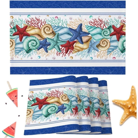 Nautical Starfish Navy Blue Placemats Set of 6 Washable Table Mats for Kitchen Dining Table, Heat-Resistant Cotton Linen Place Mats for Indoor Outdoor Parties Holiday Decoration, Ocean Beach Theme