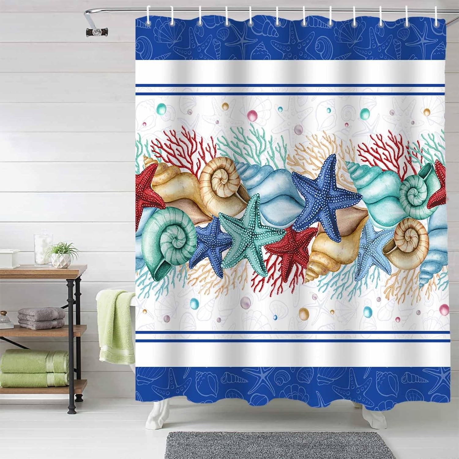 Nautical Starfish Navy Blue Shower Curtain, Ocean Beach Theme Shower