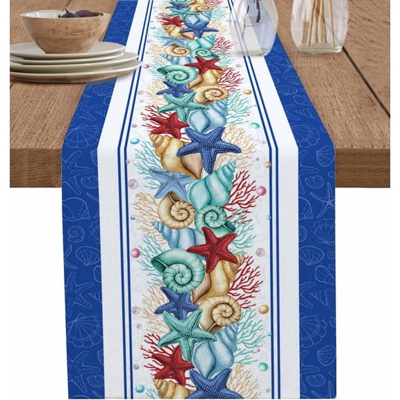 Nautical Starfish Navy Blue Table Runner Kitchen Dining Table Runners 71 Inches Long, Cotton Linens Washable Table Cloth Dresser Scarves for Party Holiday, 13" Wide Ocean Beach Theme Tablerunners