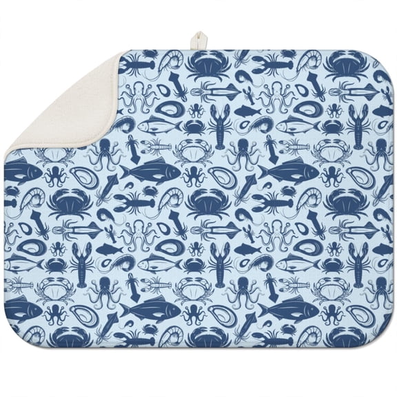 Nautical Starfish Ocean Theme Kitchen Drying Mat - Thick 3-Layer Absorbent Dish Rack Mat, Foldable Compact Heat Resistant Counter Protector, 18"x24"
