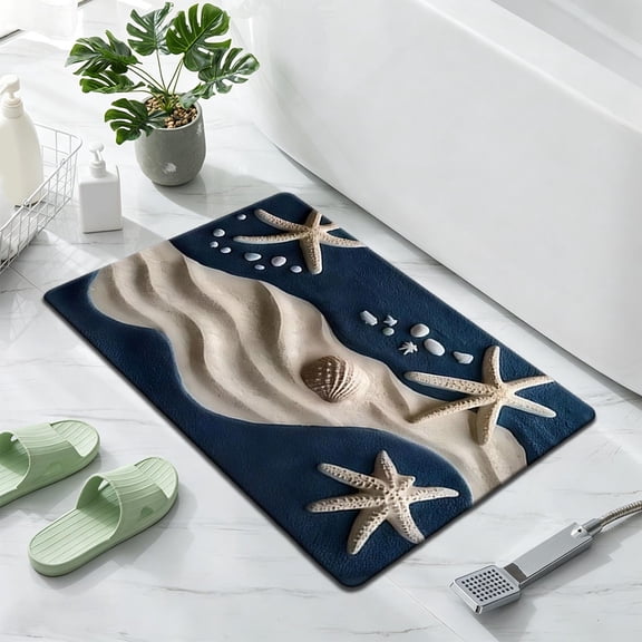 Nautical Starfish Seashell Bath Mat, Soft Absorbent Coastal Floor Rug, Non-Slip Summer Ocean Theme Doormat for Bathroom C