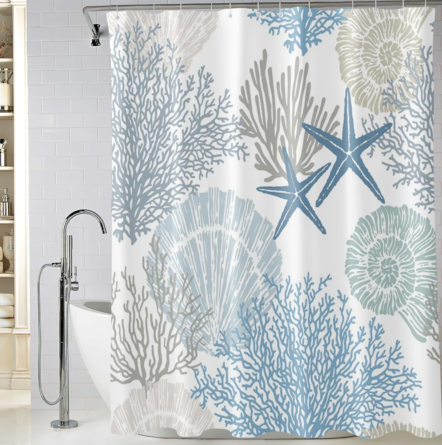 Nautical Starfish Seashell Coral Shower Curtain, Ocean Themed Shower