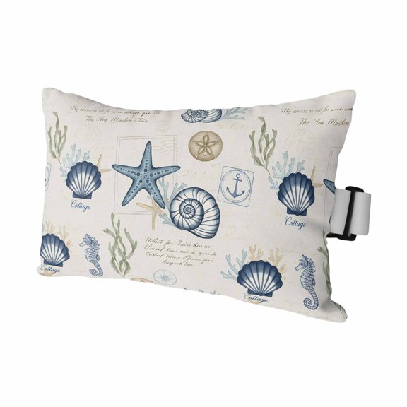 Nautical Starfish Shell Conch Outdoor Pillow for Chaise Lounge Chair,Stamp Anchor Retro Linen Waterproof Headrest Lumbar Pillows with Insert&Elastic Strap for Patio Pool Garden Chairs Decor,1 Pack