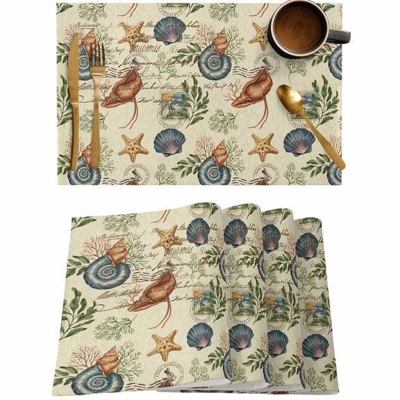 Nautical Starfish Shell Conch Summer Beach Placemats Set of 4,Wipeable Washable Table Mats for Dining Tables,Vintage Stamp Word Place Mats for Kitchen Event Party Tabletop Decor