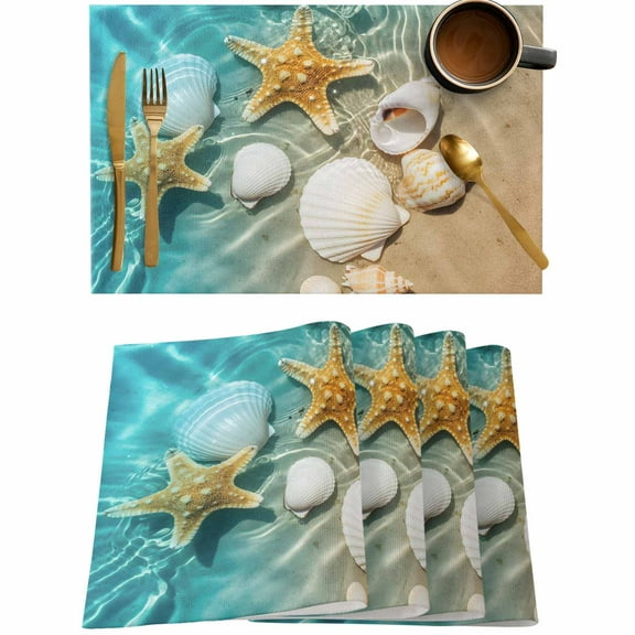 Nautical Starfish Shell Summer Beach Placemats Set of 4,Wipeable Washable Table Mats for Dining Tables,Teal Sea Water Place Mats for Kitchen Event Party Tabletop Decor