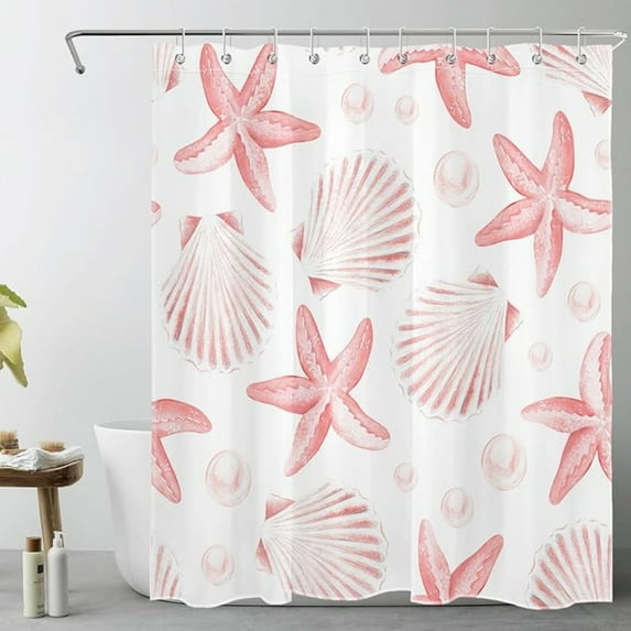 Nautical Starfish Shower Curtain, Watercolor Pink Seashell Tropical Beach Bathroom Shower Curtain, Ocean Coastal Themed Bathroom Decor With 10 Hooks 72"W x 84"L