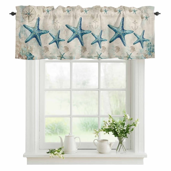 Nautical Starfish Valances for Windows, Rod Pocket Kitchen Valance Curtains - Soft & Washable Small Window Treatment for Living Room, Bathroom, Ocean Navies Coral Shell 54x18inch, 1 Panel