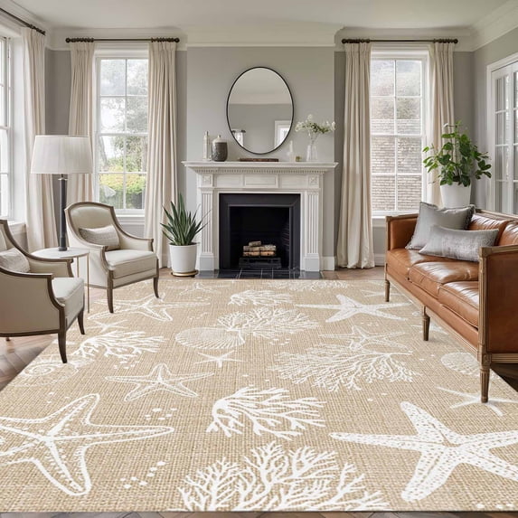 Nautical Starfish Washable Living Room Rugs 5'x7', Coral Shell Vintage Brown Linen Texture Low Pile Throw Large Area Rugs Non-Slip Sturdy Edge Binding Carpet for Dining Room Bedside Kitchen