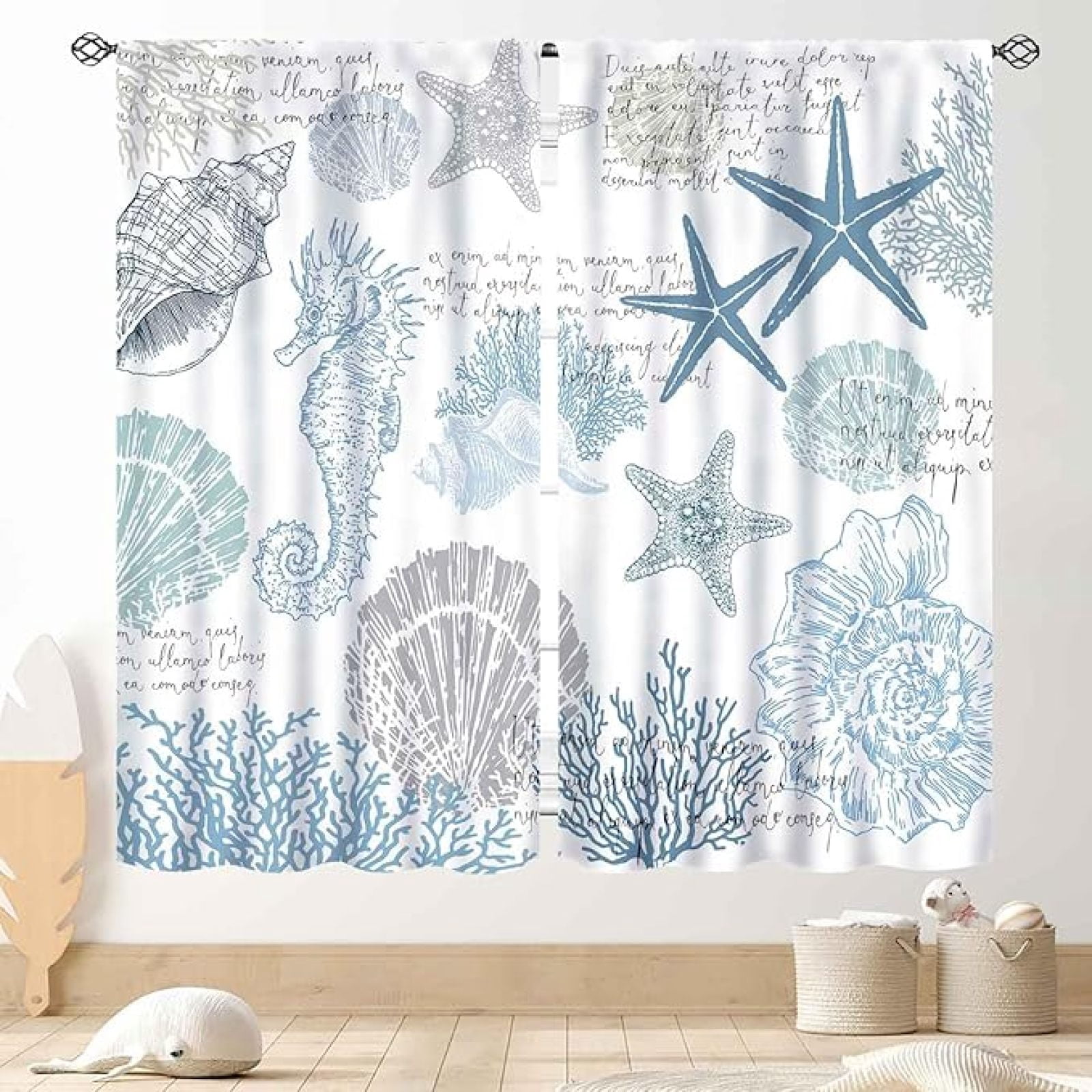 Nautical Starfish Window Curtains, Beach Themed Coastal Seashell ...