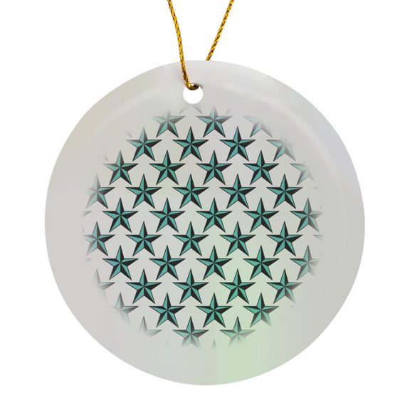 3drose, Nautical Stars Pattern in Teal and Black over White Background, Circle Porcelain Ornament