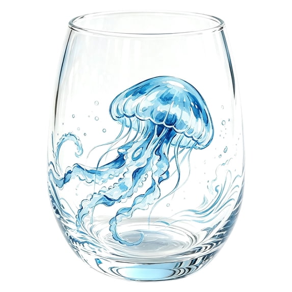 Nautical Stemless Wine Glass Watercolor Sea Life Design Clear Drinking Tumbler Beach Style Glass Cup for Water Wine Cocktail Ocean Decor