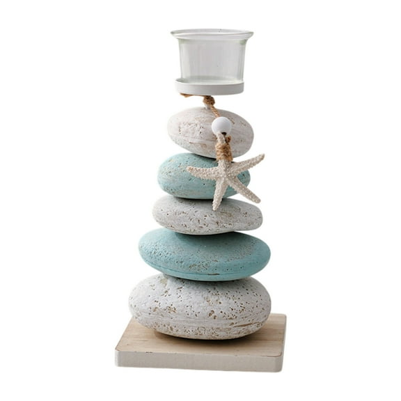 Nautical Stone Candle Holder Coastal Beach Pillar Sea Star Tealight Candle Holder Mediterranean Style Candlestick Light Stand Bowl for Tabletop Centerpiece Blue White