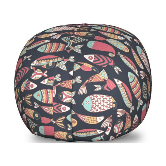 Nautical Storage Toy Bag Chair, Abstract Design Ornamental Fish Pattern Doodle Style Print, Stuffed Animal Organizer Washable Bag, Small Size, Multicolor, by Ambesonne