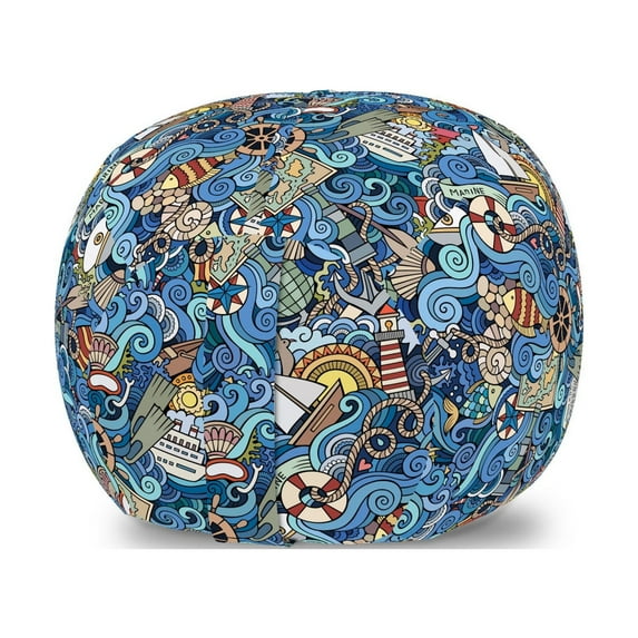 Nautical Storage Toy Bag Chair, Abstract Pattern Sea Shells Sea Horse Corals Fish Rob Globe Maps Wavy Ocean, Stuffed Animal Organizer Washable Bag, Large Size, Blue Multicolor, by Ambesonne