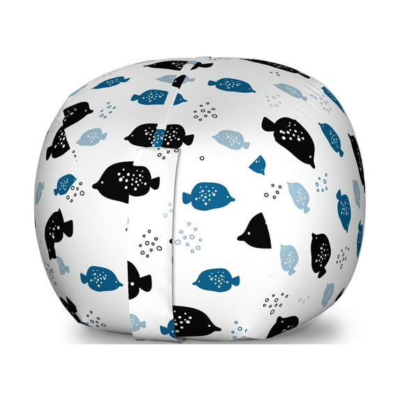 Nautical Storage Toy Bag Chair, Fishes Swimming Underwater Ocean Aquarium Theme Repetition, Stuffed Animal Organizer Washable Bag, Large Size, White and Night Blue, by Ambesonne