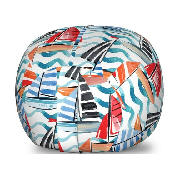 Nautical Storage Toy Bag Chair, Hand Drawn Like Painting of Sail Boats and Sea Waves in Watercolor Effect, Stuffed Animal Organizer Washable Bag, Large Size, Multicolor, by Ambesonne