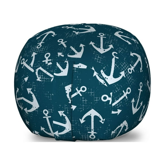 Nautical Storage Toy Bag Chair, Marine Graphic Illustration with Grunge Look Weathered Effect, Stuffed Animal Organizer Washable Bag, Small Size, Petrol Blue Pale Blue, by Ambesonne