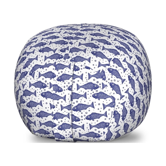 Nautical Storage Toy Bag Chair, Monochrome Hand Drawn Hatched Style Fish Pattern with Minimal Bubbles, Stuffed Animal Organizer Washable Bag, Large Size, Violet Blue and White, by Ambesonne