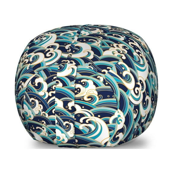 Nautical Storage Toy Bag Chair, Traditional Oriental Style Ocean Waves Pattern Foam and Splashes Print, Stuffed Animal Organizer Washable Bag, Large Size, Blue and White, by Ambesonne