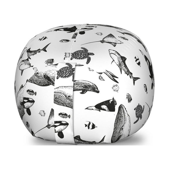 Nautical Storage Toy Bag Chair, Vintage Monochrome Style Pattern with Whales Exotic Fishes and Turtles, Stuffed Animal Organizer Washable Bag, Small Size, Charcoal Grey White, by Ambesonne