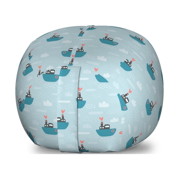 Nautical Storage Toy Bag Chair, Yachts Boats Sailing in the Sea Ocean Waves Along Doodle Style Like Clouds Hearts, Stuffed Animal Organizer Washable Bag, Small Size, Pale Blue, by Ambesonne