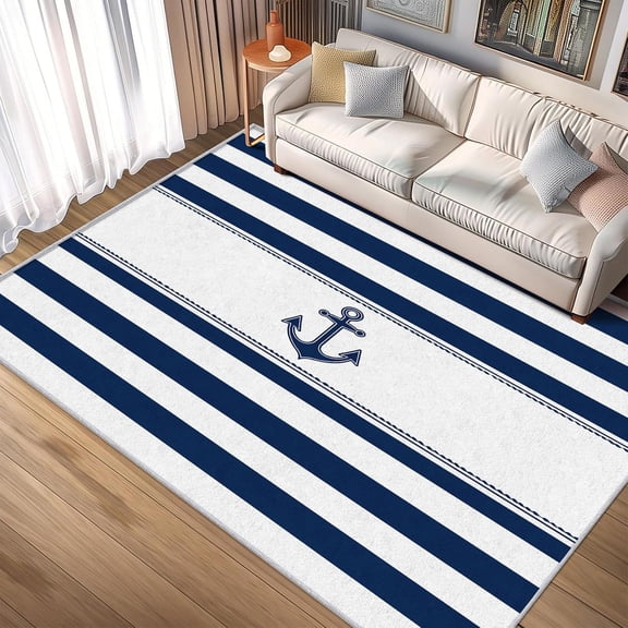 Nautical Stripe Anchor Navy Blue White Area Rug, Coastal Design Carpet, Washable Non Slip Soft Low Pile, Living Room Bedroom Kitchen Office Mat 2x3ft