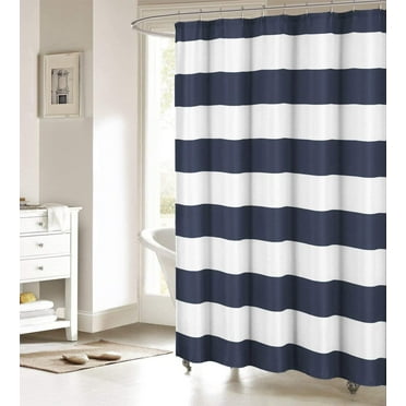 Nautical Stripe Design Fabric Shower Curtain Curtains - Navy and White 72" x 72" Waterproof Polyester Fabric with Hooks