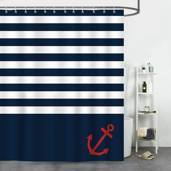 Nautical Stripe Shower Curtain Anchor Navy Blue Decorative Bath Curtain 72 x 84 Inch Polyester Fabric Waterproof Bathroom Curtain with 12 Hooks