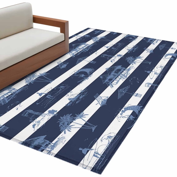 Nautical Striped Area Rug 4x6 Washable Rug Non Slip Summer Coastal Ocean Navy Blue White Large Area Rug Indoor Floor Carpet for Entryway Bedroom Kitchen Living Room Home Office Dining Room Nursery