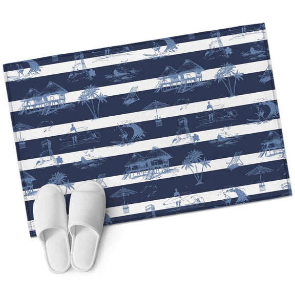 Nautical Striped Bathroom Rug Washable 2x3 Entryway Rug Non Slip Summer Coastal Ocean Navy Blue White Front Door Mat Low Pile Indoor Doormat Throw Floor Carpet for Kitchen Bedroom Entrance