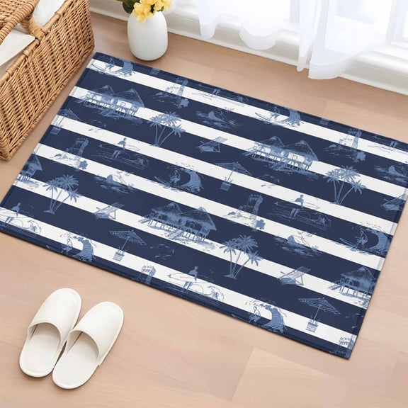Nautical Striped Entryway Rug 2'x3' Non Slip Front Door Mats, Summer Coastal Ocean Navy Blue White Entrance Rugs Indoor Outdoor Carpet, Washable Floor Mats Small Area Rug for Bedroom Kitchen
