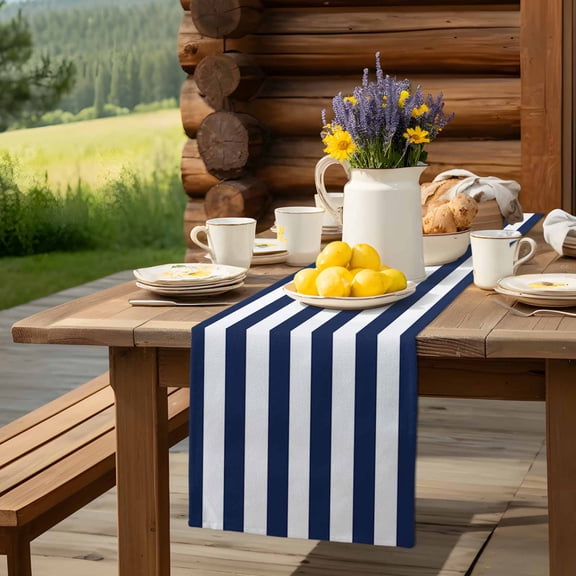 Nautical Striped Navy Blue and White Table Runner 13x90in Non-Slip Cotton Linen Table Runners, Stripes Dresser Scarves TableRunner for Dinner Kitchen Dining Wedding Party