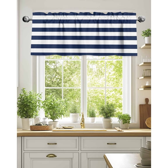 Nautical Striped Navy Blue and White Valances for Windows,Kitchen Valance Rod Pocket Short Curtain,Stripes Valance Curtain Window Valances for Bedroom Living Room 54x18in