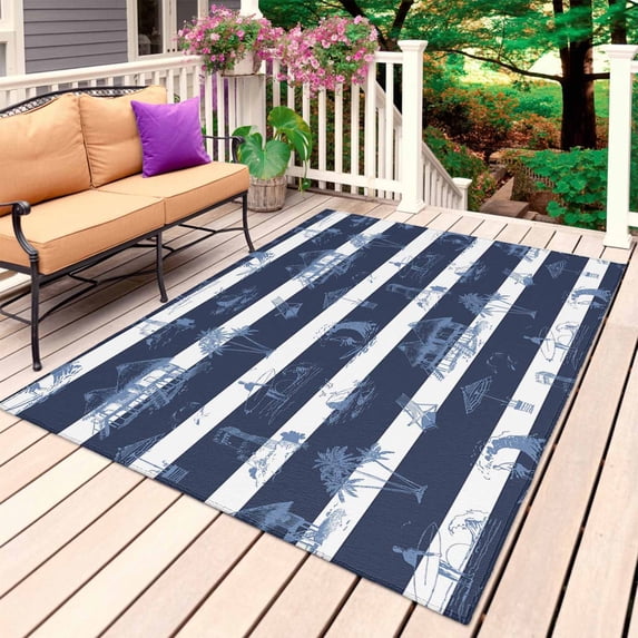 Nautical Striped Outdoor Rug 4x6 Ft, Non Slip Washable Area Rug, Summer Coastal Ocean Navy Blue White Patio Rugs Carpet Runner, Large Floor Mat for Indoor/Outdoor Deck Porch Camping
