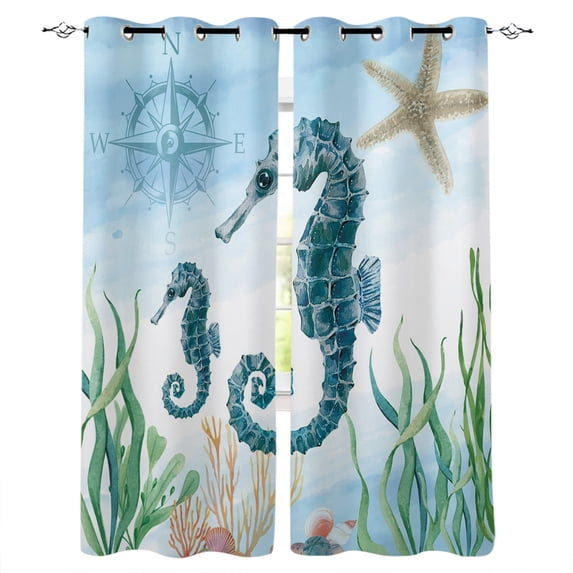 Nautical Style Seahorse Marine Life Room Curtains Large Window Curtains Bathroom Kitchen Indoor Print Window T