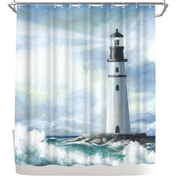 Nautical Style Shower Curtain Ocean Shower Curtain Blue Lighthouse Bathroom Decor Polyester Fabric Waterproof With Hooks 60"W x 72"L (Pack of 1)