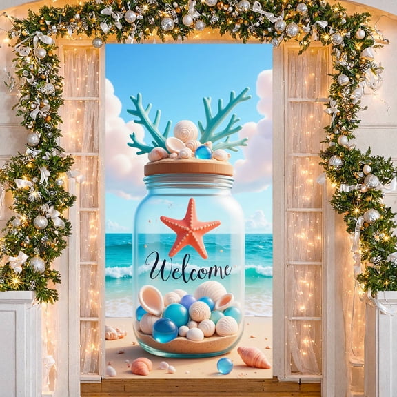 Nautical Style Welcome Banner Coastal Theme Beach Display Starfish Decor Ornament Coastal Backdrop for Beach Party Summer Event Welcome Ceremony